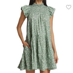 Sea New York Green Smocked Mini Mockneck Flutter Sleeve Sundress Size M